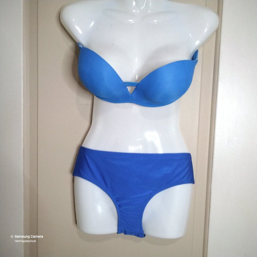 Raisins Solid Blue Padded Push-up Strapless Tie-Back Top & Bikini Bottom BNWT L